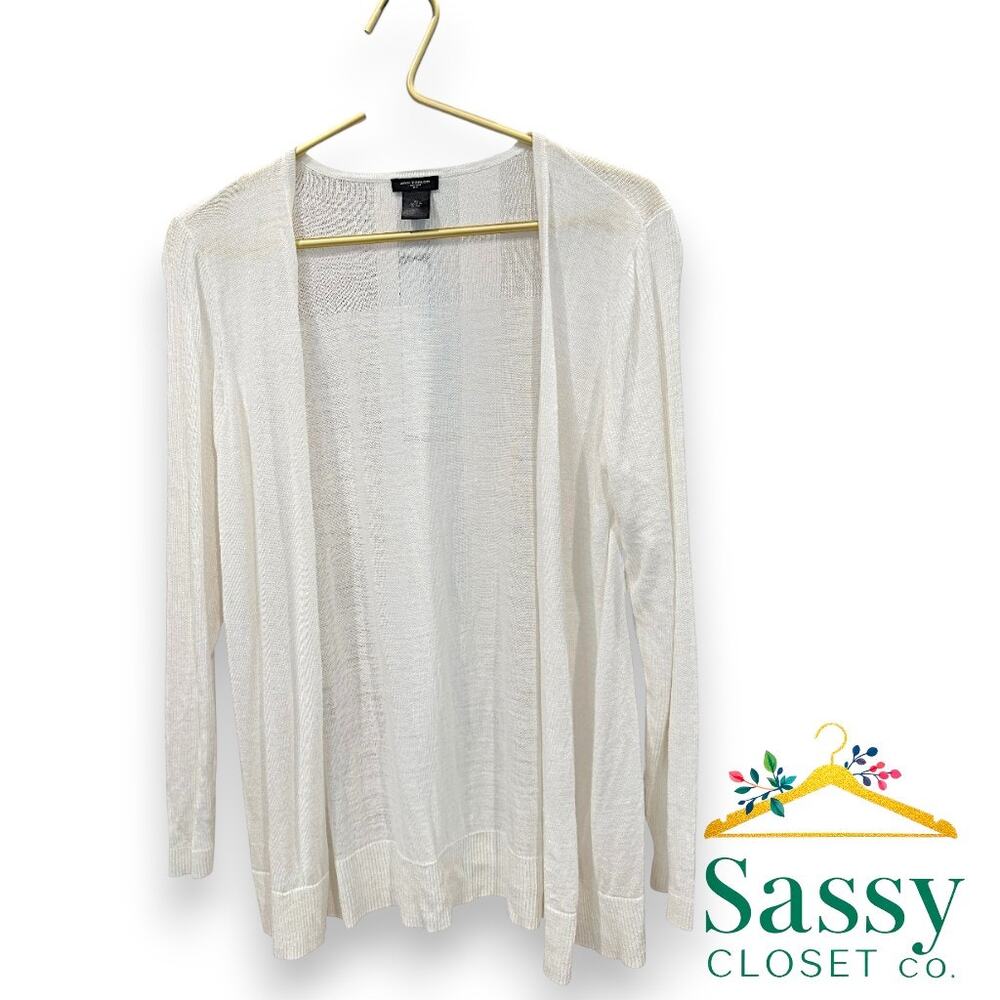 ✨ ANN TAYLOR White Open Front Cardigan Sweater XL Lightweight Ribbed 🤍